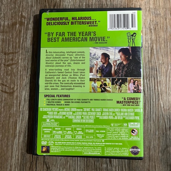 Sideways - DVD - Paul Giammati - Sandra Oh - Comedy - R - Merlot - Wine Country - Picture 2 of 4